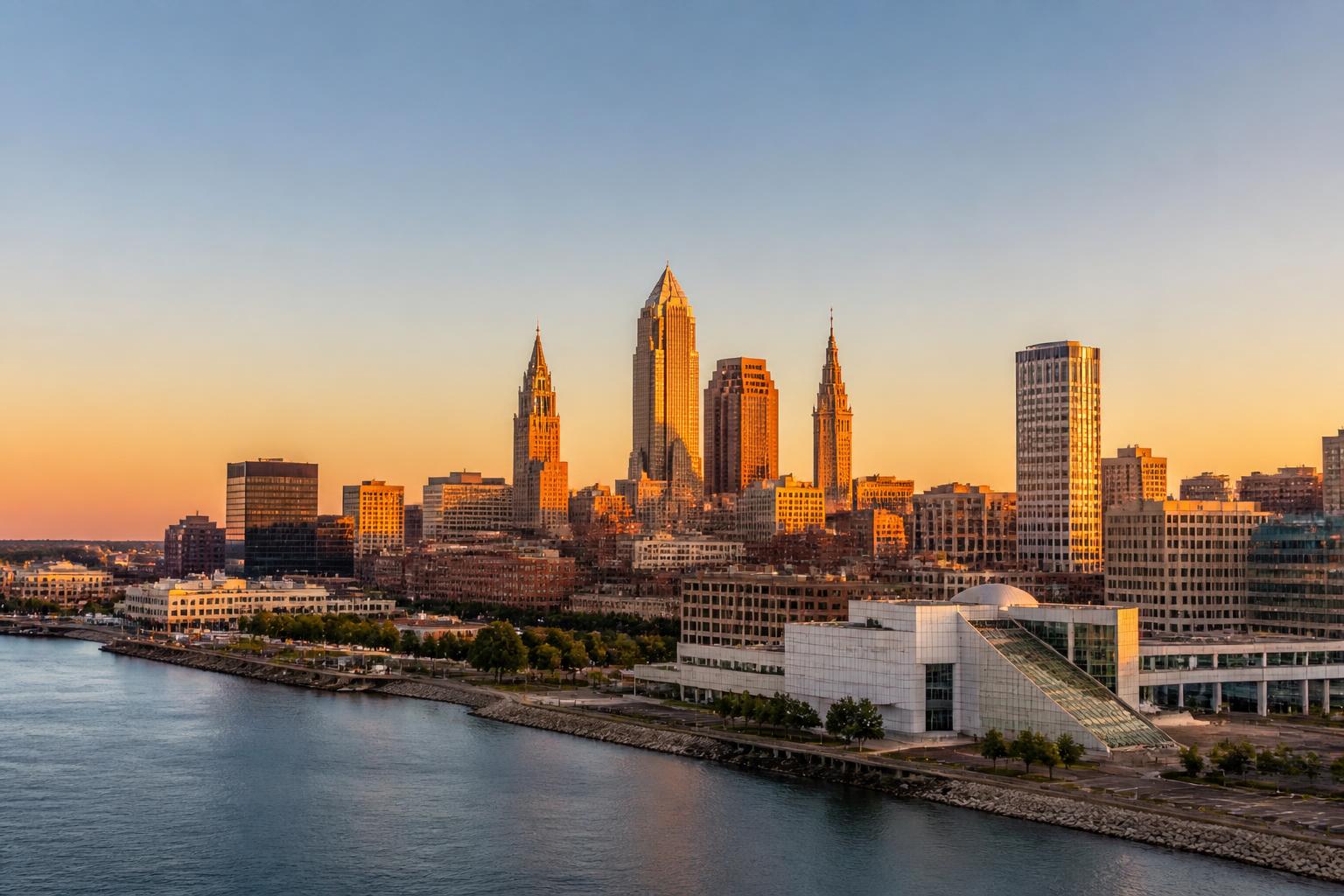 Cleveland skyline at sunset with Lake Erie
